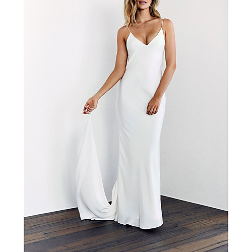 

Sheath / Column Wedding Dresses V Neck Sweep / Brush Train Satin Spaghetti Strap Sexy Backless with 2021