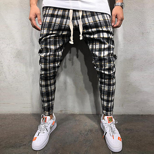 

Men's Basic Chinos Pants Plaid Checkered Full Length Black Blue Red Yellow