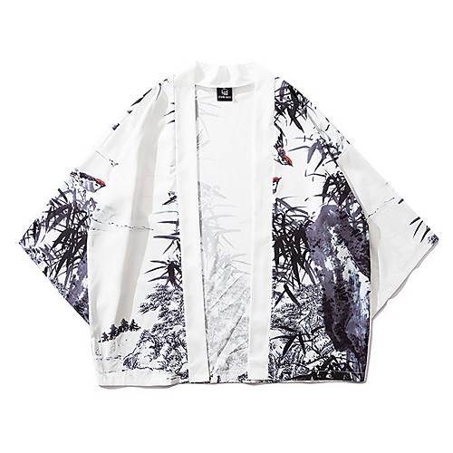 

Men's Geometric Basic Kimono Jacket Regular Daily Long Sleeve Polyester Coat Tops White