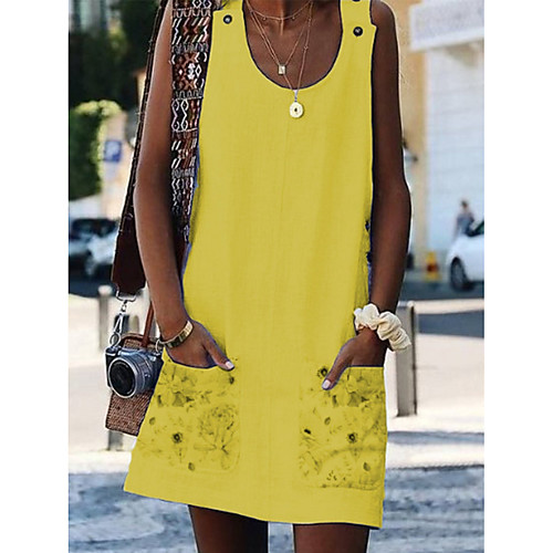 

Women's A Line Dress - Sleeveless Floral Print U Neck Basic Loose White Yellow S M L XL XXL XXXL / Cotton