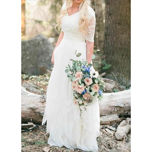 

A-Line Wedding Dresses V Neck Floor Length Lace Tulle Half Sleeve Country Illusion Sleeve with Lace Insert 2021