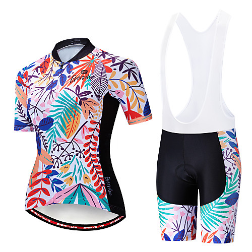 

EVERVOLVE Floral Botanical Women's Short Sleeve Cycling Jersey with Bib Shorts - Black White Bike Clothing Suit Breathable Moisture Wicking Quick Dry Sports Cotton Polyster Lycra Mountain Bike MTB