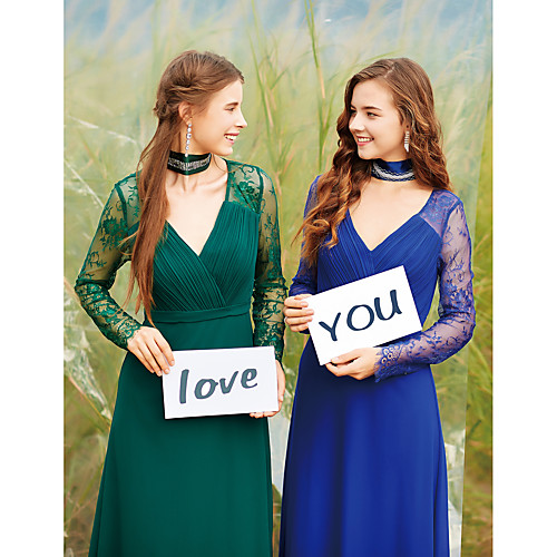 

A-Line Elegant Formal Evening Dress V Neck Long Sleeve Floor Length Chiffon Lace with Sash / Ribbon Ruched Lace Insert 2020 / Illusion Sleeve