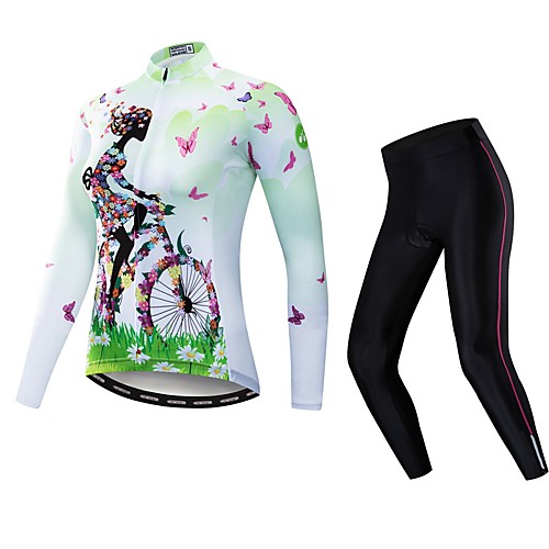 

21Grams Floral Botanical Women's Long Sleeve Cycling Jersey with Tights - Green Bike Clothing Suit UV Resistant Breathable Quick Dry Sports Winter Elastane Terylene Polyester Taffeta Mountain Bike