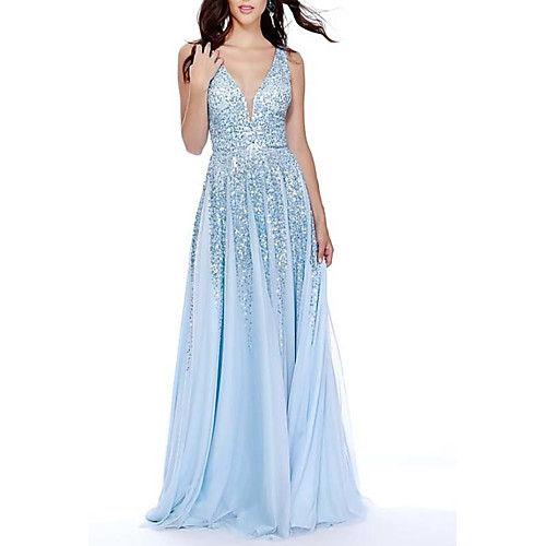 

A-Line Open Back Prom Dress Plunging Neck Sleeveless Sweep / Brush Train Chiffon with Sequin 2021