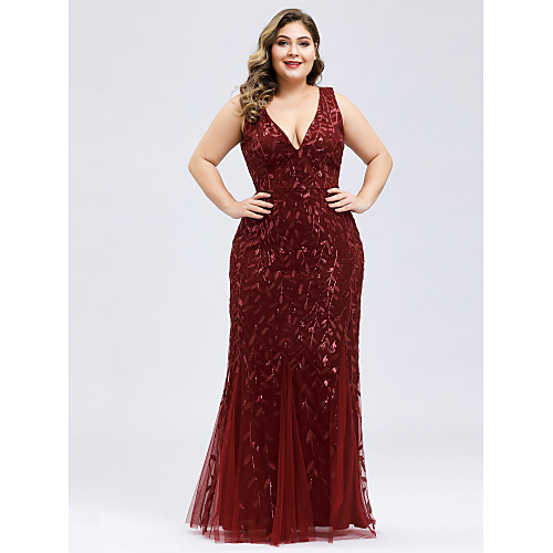 

Mermaid / Trumpet Plus Size Red Engagement Prom Dress V Neck Sleeveless Floor Length Lace Tulle with Appliques 2020