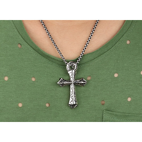 

Men's Pendant Necklace Engraved Cross Punk European Titanium Steel Silver 55 cm Necklace Jewelry 1pc For Gift School Street Club Promise