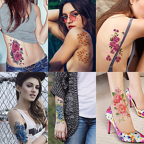 

6 Sheets Large Temporary Tattoos Flower Paper Sexy Body Tattoo Sticker for Women & Girl Fake Tattoo (Lily Peach Plum Peony)