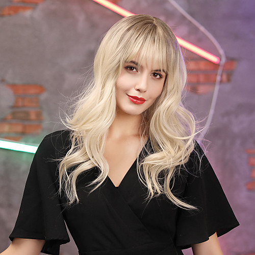 

Synthetic Wig Bangs Wavy Neat Bang With Bangs Wig Blonde Long Light golden Synthetic Hair 16 inch Women's Cosplay Women Synthetic Blonde HAIR CUBE / Ombre Hair