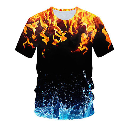 

Men's Plus Size 3D Blue & White Pleated Print T-shirt Street chic Going out Round Neck Gold / Short Sleeve