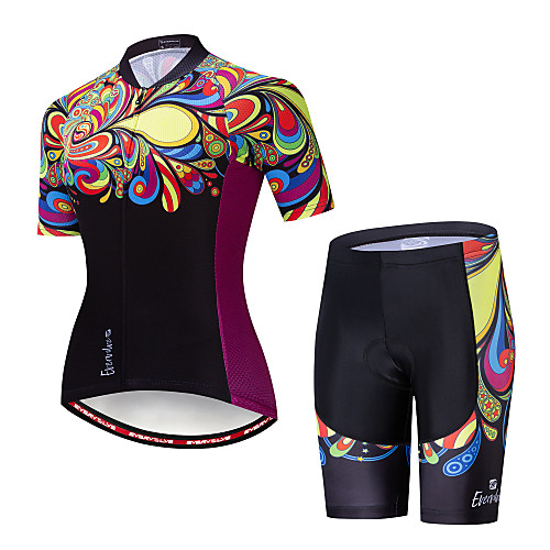 

EVERVOLVE Floral Botanical Women's Short Sleeve Cycling Jersey with Shorts - Black Bike Clothing Suit Breathable Moisture Wicking Quick Dry Sports Cotton Polyster Lycra Mountain Bike MTB Road Bike