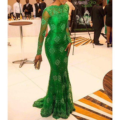 

Mermaid / Trumpet Elegant Formal Evening Dress Boat Neck Long Sleeve Sweep / Brush Train Lace with Appliques 2020