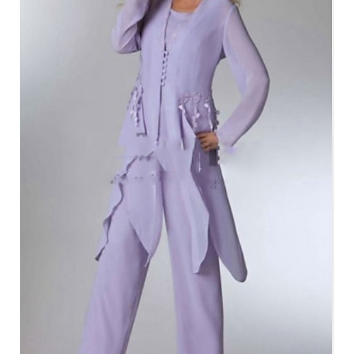 

Two Piece Pantsuit / Jumpsuit Mother of the Bride Dress Wrap Included Scoop Neck Ankle Length Chiffon Long Sleeve with Buttons Appliques Ruching 2021