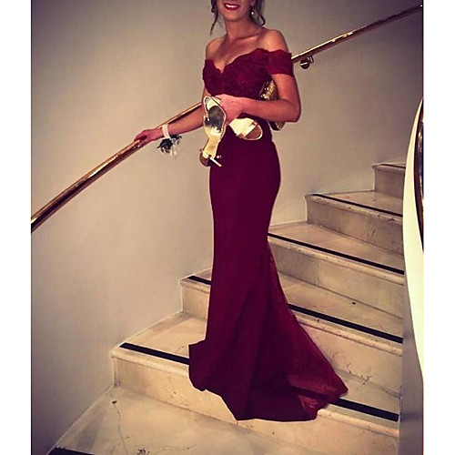 

Mermaid / Trumpet Sexy Prom Formal Evening Dress Off Shoulder Short Sleeve Sweep / Brush Train Chiffon Lace with Beading Appliques 2021