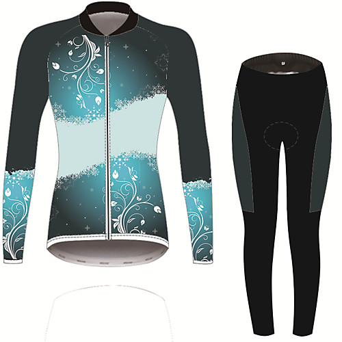 

21Grams Floral Botanical Women's Long Sleeve Cycling Jersey with Tights - Black / Blue Bike Clothing Suit UV Resistant Breathable Moisture Wicking Sports Winter Fleece Spandex Mountain Bike MTB Road