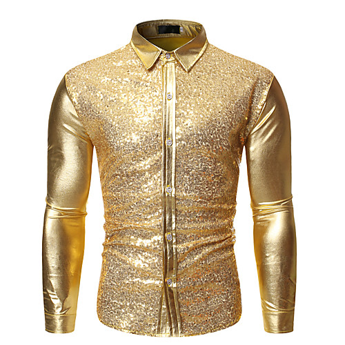 

Men's Sequins Patchwork Shirt Basic Sexy Party Club Wine / Black / Blue / Gold / Silver / Long Sleeve