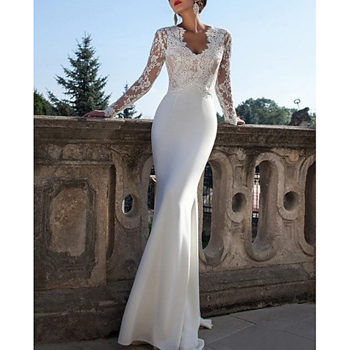 

Mermaid / Trumpet Wedding Dresses V Neck Sweep / Brush Train Lace Jersey Long Sleeve Country Sexy Backless Illusion Sleeve with Lace Insert 2021