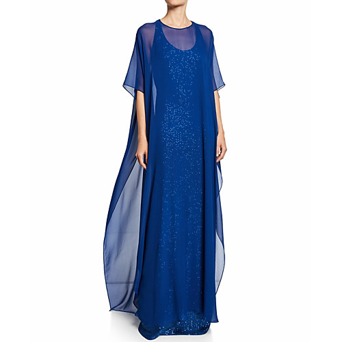 

Sheath / Column Mother of the Bride Dress See Through Jewel Neck Floor Length Chiffon Half Sleeve with Crystals 2021