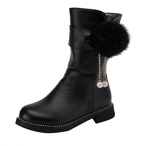 

Girls' Flower Girl Shoes PU Boots Block Heel Boots Big Kids(7years ) Pom-pom White / Black / Pink Winter / Mid-Calf Boots / Rubber