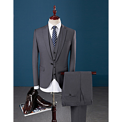 

Gray Solid Colored Standard Fit Polyester Suit - Notch Single Breasted One-button / Suits