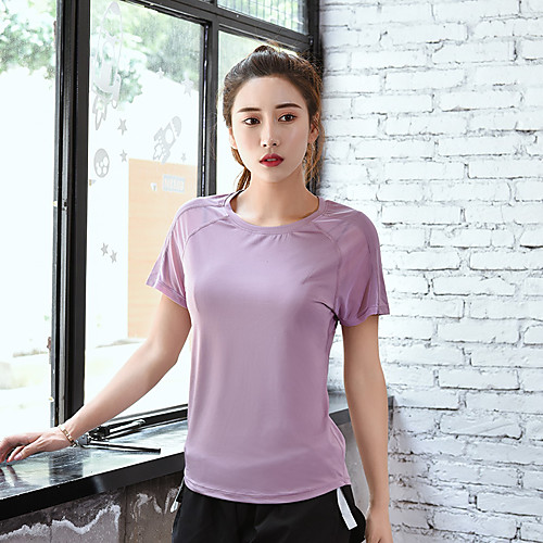 

Women's Running Shirt Yoga Top Color Block Violet Black Mesh Spandex Yoga Fitness Gym Workout Tee T-shirt Short Sleeve Sport Activewear Breathable Quick Dry Moisture Wicking Comfortable Freedom