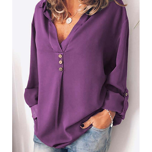 

Women's Solid Colored Loose Blouse Daily V Neck Wine / Black / Blue / Purple / Green / Brown