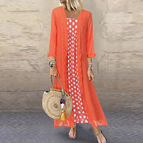 

Women's Two Piece Dress Maxi long Dress - Long Sleeve Polka Dot Print Spring & Summer Casual Vacation Loose 2020 Black Blushing Pink Orange M L XL XXL XXXL XXXXL XXXXXL