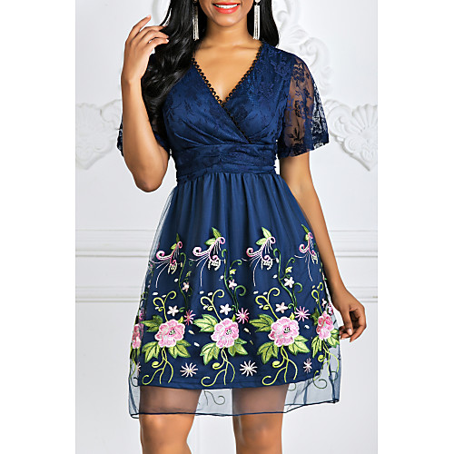 

Women's A-Line Dress Lace Knee Length Dress - Short Sleeve Floral Lace Deep V Elegant Lace Navy Blue S M L XL XXL XXXL