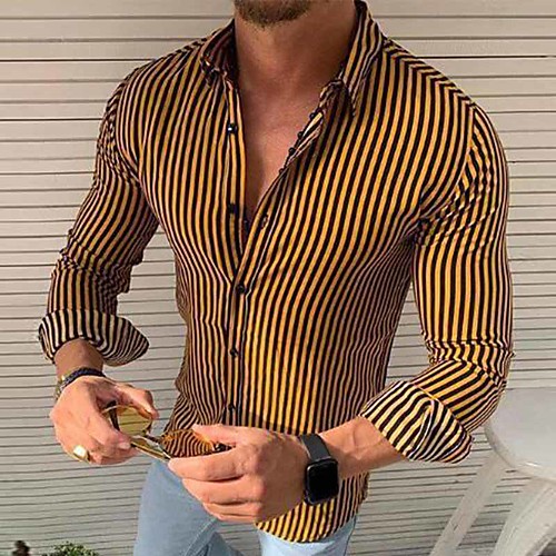

Men's Shirt Striped Geometric Patchwork Print Long Sleeve Daily Tops Basic Streetwear White Red Yellow
