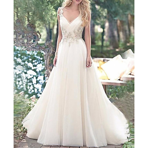 

A-Line Wedding Dresses V Neck Sweep / Brush Train Lace Tulle Spaghetti Strap Romantic Sexy Sparkle & Shine Backless with Criss Cross Appliques 2021