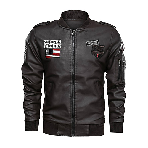 

Men's Daily / Holiday / Going out Basic / Street chic Spring & Fall / Winter Regular Leather Jacket, Solid Colored / Letter Round Neck Long Sleeve PU / Polyester Patchwork Brown / Black