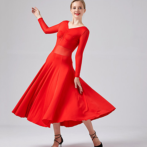 

Ballroom Dance Dress Ruching Split Joint Women's Performance Long Sleeve Milk Fiber