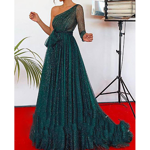 

A-Line Sparkle & Shine Formal Evening Dress One Shoulder Long Sleeve Sweep / Brush Train Tulle with Sash / Ribbon Pleats 2021