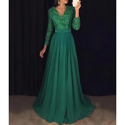 

A-Line Elegant Formal Evening Dress V Neck Long Sleeve Sweep / Brush Train Chiffon Lace with Sash / Ribbon Beading Appliques 2021