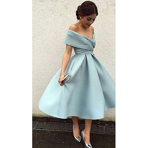 

A-Line Elegant Blue Cocktail Party Formal Evening Dress V Neck Short Sleeve Tea Length Matte Satin with Pleats 2020