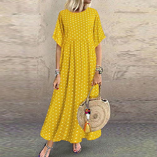 

Women's Plus Size Maxi Swing Dress - Short Sleeve Polka Dot Color Block Wine Blue Yellow Green L XL XXL XXXL XXXXL XXXXXL
