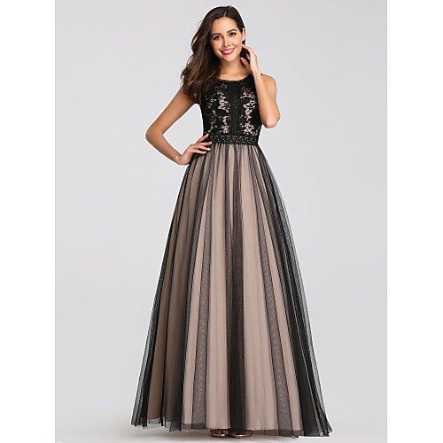 

A-Line Elegant Wedding Guest Prom Dress Jewel Neck Sleeveless Floor Length Lace Tulle Polyester with Lace Insert Appliques 2021