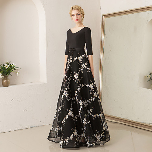

A-Line Floral Wedding Guest Formal Evening Dress V Neck Half Sleeve Floor Length Spandex Lace with Embroidery Pattern / Print 2021