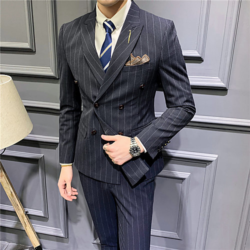 

Black / Light Grey / Navy Blue Striped Standard Fit Polyester Suit - Notch Double Breasted Four-buttons / Suits