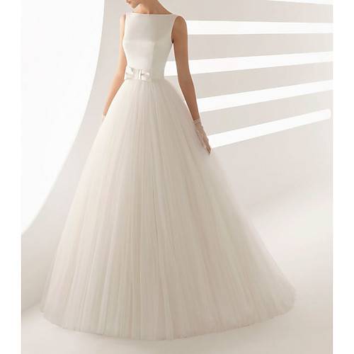 

Ball Gown Wedding Dresses Bateau Neck Sweep / Brush Train Satin Tulle Regular Straps Simple Backless with Bow(s) 2021
