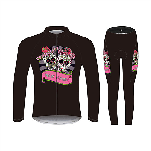 

21Grams Sugar Skull Women's Long Sleeve Cycling Jersey with Tights - Pink / Black Bike Clothing Suit Windproof UV Resistant Breathable Sports Winter Fleece 100% Polyester Mountain Bike MTB Clothing