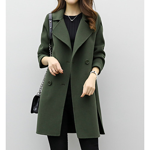 

Women's Daily Basic Long Coat, Solid Colored Turndown Long Sleeve Polyester Khaki / Green / Black