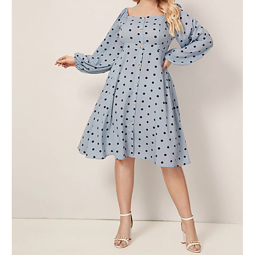 

Women's Plus Size Sheath Dress - Long Sleeve Polka Dot U Neck Elegant Vintage Slim Light Blue XL XXL XXXL XXXXL