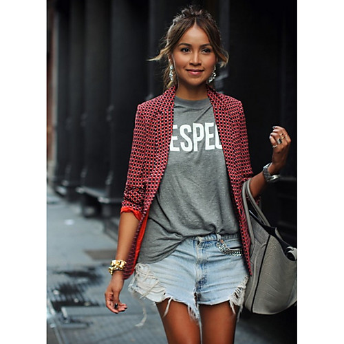 

Women's Blazer, Geometric Notch Lapel Polyester Red