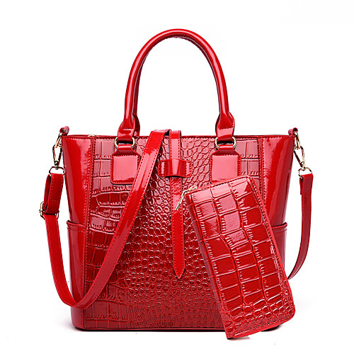 

Women's Zipper Patent Leather Bag Set Solid Color 2 Pieces Purse Set Black / Brown / Red