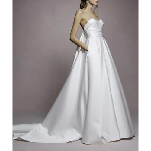 

A-Line Wedding Dresses Sweetheart Neckline Sweep / Brush Train Satin Strapless Simple Plus Size with Draping 2021