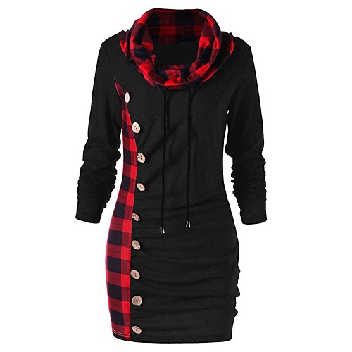 

Women's Shift Dress Short Mini Dress - Long Sleeve Print Patchwork Fall Winter Turtleneck Casual Cotton 2020 Black Gray M L XL XXL