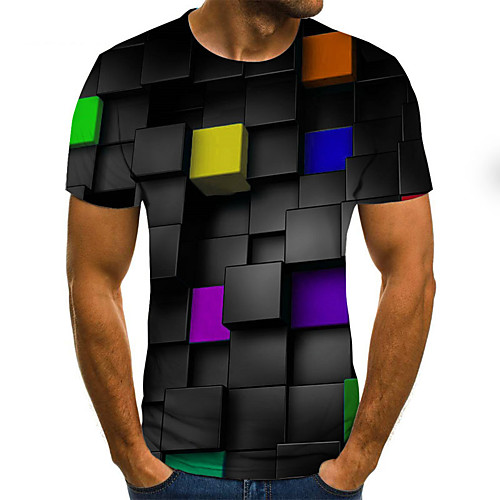 

Men's Geometric Print T-shirt Street chic Punk & Gothic Going out Club Round Neck Rainbow / Summer / Short Sleeve