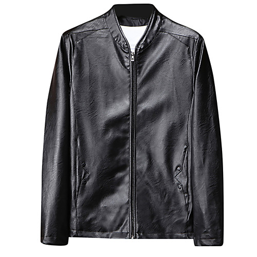 

Men's Solid Colored Patchwork Basic Spring & Fall Faux Leather Jacket Regular Daily Long Sleeve PU Coat Tops Black