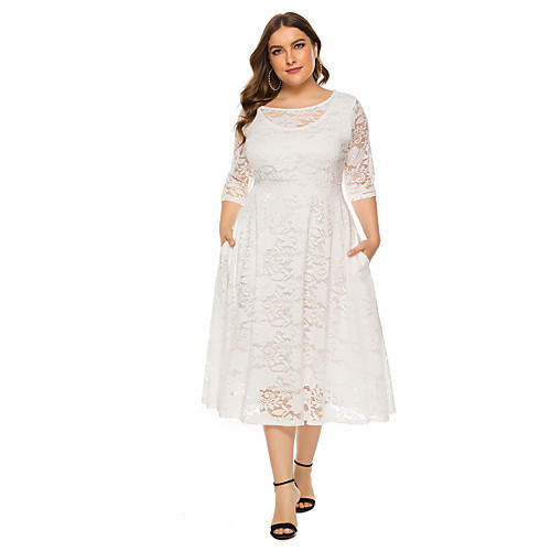 

Women's Plus Size A Line Dress - 3/4 Length Sleeve Solid Colored Lace White Black XL XXL XXXL XXXXL XXXXXL XXXXXXL